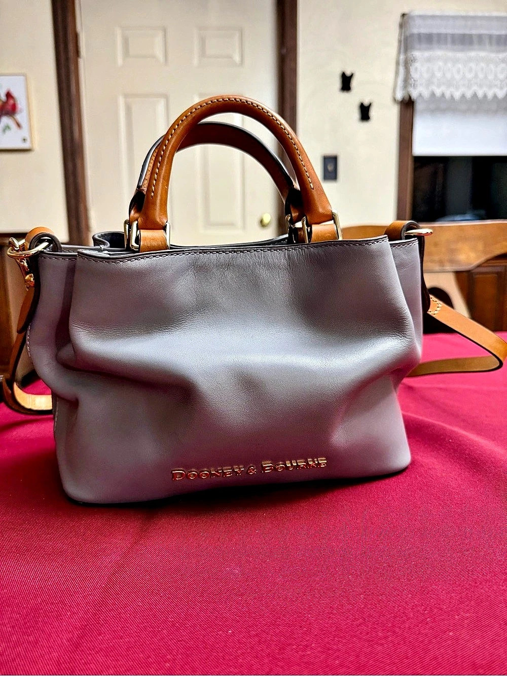 Dooney & Bourke Small Leather Satchel Purse Gray Tan Handles Crossbody Strap